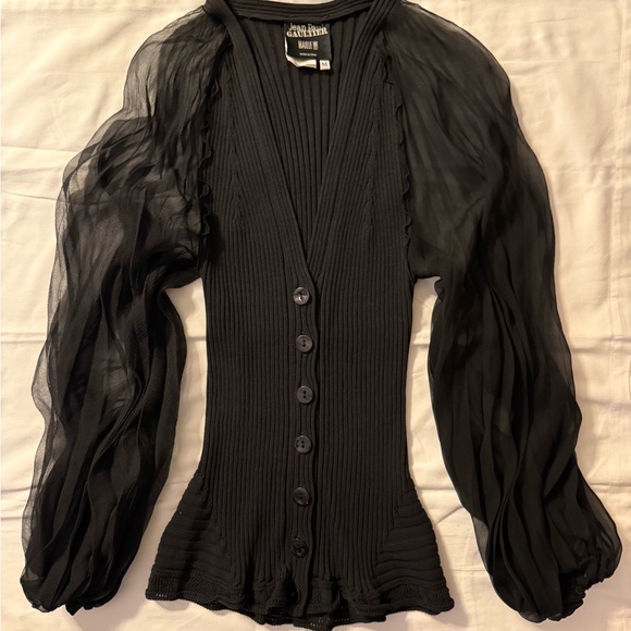 Jean Paul Gaultier Sweaters - Jean Paul Gaultier MAILLE Femme Black Puff Sleeve Ribknit Cardigan